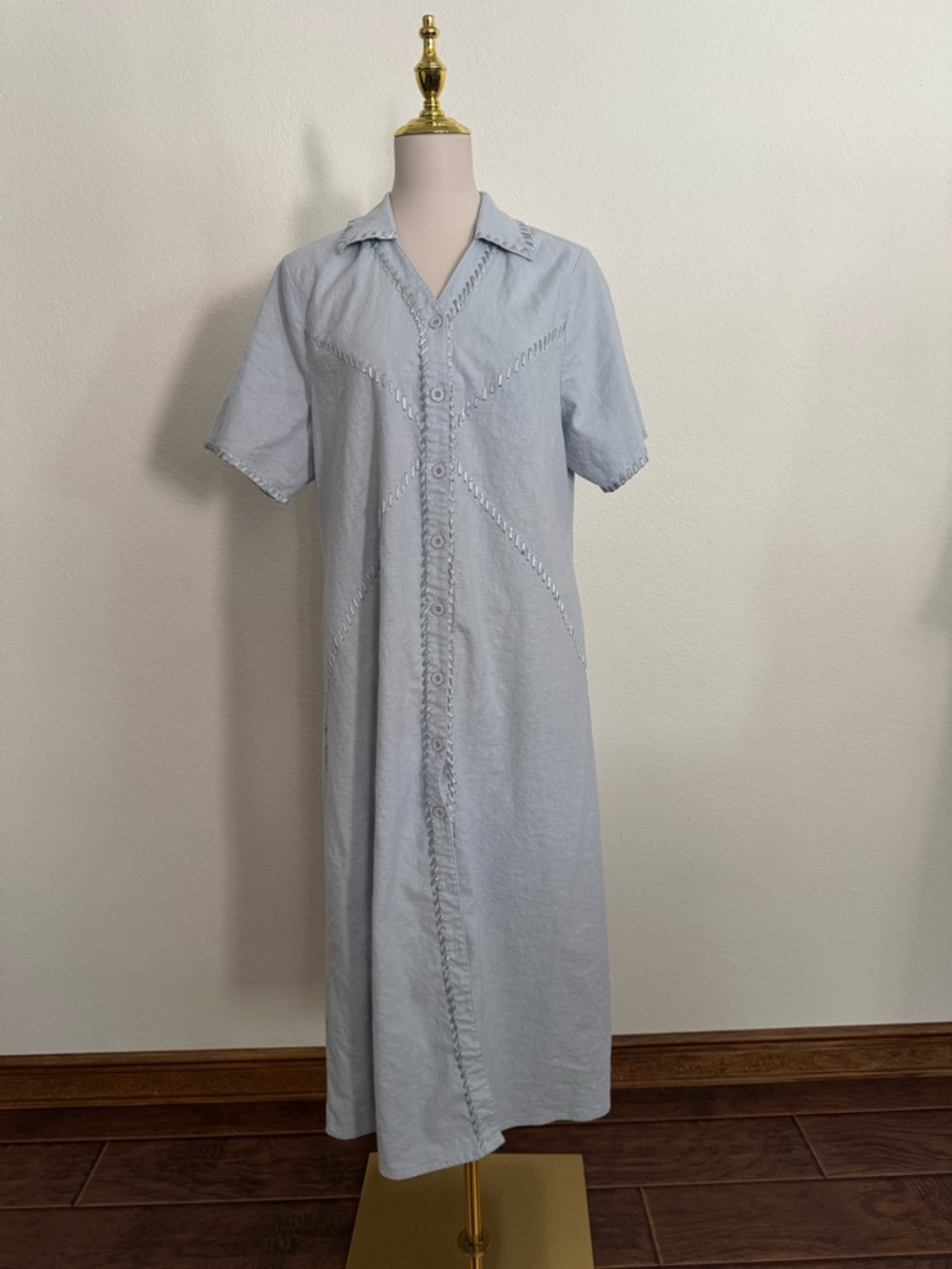 Light Blue Maxi Button-Front Dress with Decorative Trim